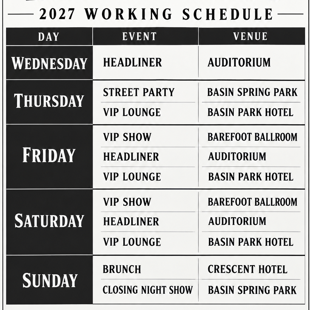 Eureka SPrings Blues Party 2027 schedule